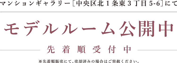 マンションギャラリー【中央区北1条東3丁目5-6】にてモデルルーム公開中　先着順受付中※先着順販売にて売却済みの場合はご容赦ください。