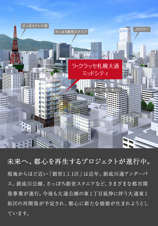 未来へ、都心を再生するプロジェクトが進行中。 現地からほど近い「創世1.1.1区」は近年、創成川通アンダーパス、創成川公園、さっぽろ創世スクエアなど、さまざまな都市開発事業が進行。今後も大通公園の東１丁目延伸に伴う大通東１街区の再開発が予定され、都心に新たな価値が生まれようとしています。