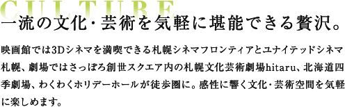 CULTURE 一流の文化・芸術を気軽に堪能できる贅沢。 映画館では3Dシネマを満喫できる札幌シネマフロンティアとユナイテッドシネマ札幌、劇場ではさっぽろ創世スクエア内の札幌文化芸術劇場hitaru、北海道四季劇場、わくわくホリデーホールが徒歩圏に。感性に響く文化・芸術空間を気軽に楽しめます。